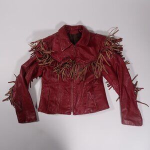 Vintage Red Leather Fringe Jacket Western Boho Kids Size 10/12 (Small/Medium)